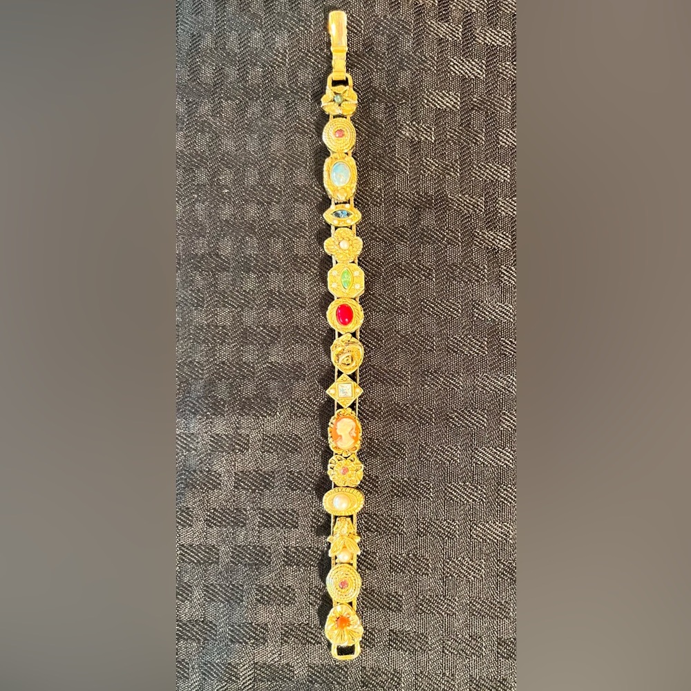 SOLD! Victorian Revival Gold Tone Slide Charm Bracelet with Uranium Glass - Picture 6 of 8